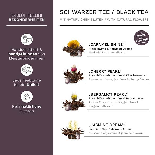 Ein Bild von Creano ErblühTeelini 6er Magnetbox "Schwarzer Tee", in der Kategorie Tee Rosen (Bloomings) Tee Geschenk