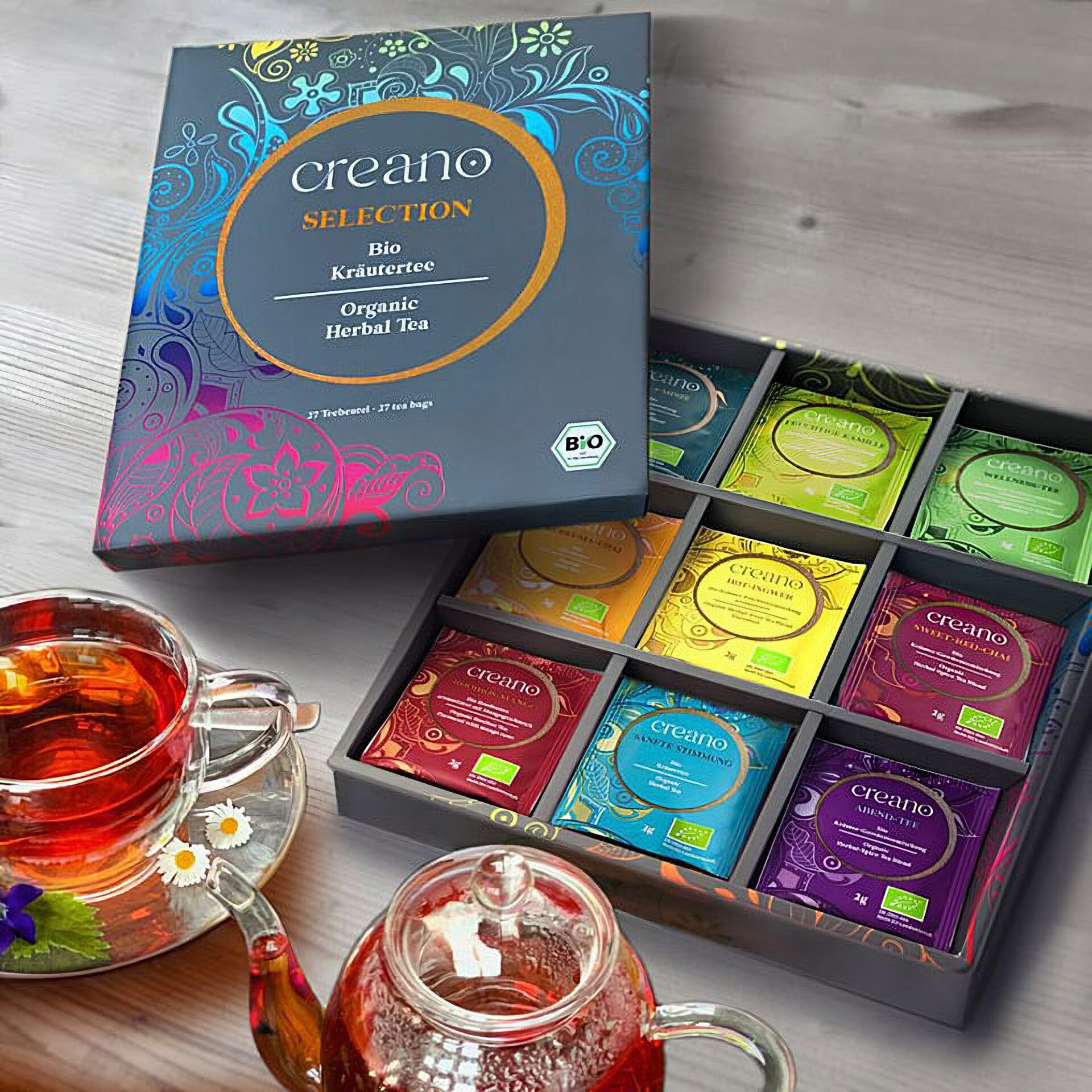 Ein Bild von Creano Bio-Kräuter Tee - 27er Mix-Geschenkbox, in der Kategorie Kräutertee und Gewürztee Tee Geschenk