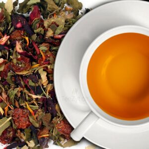 Ein Bild von Kräutertee "Kaminfeuerabend" mit Zimt, Früchten und Minze, in der Kategorie Kräutertee und Gewürztee Tee