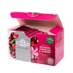 Ein Bild von Ahmad Tea - Rosehip  Hibiscus and Cherry - 20 Teebeutel à 2g, in der Kategorie Früchtetee Tee im Teebeutel kaufen