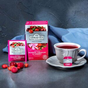 Ein Bild von Ahmad Tea - Rosehip  Hibiscus and Cherry - 20 Teebeutel à 2g, in der Kategorie Früchtetee Tee im Teebeutel kaufen