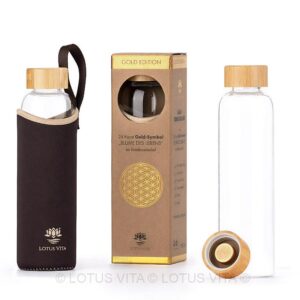 Ein Bild von Glas-Trinkflasche mit Bambusdeckel - 580ml - creme-braun -Gold-Edition, in der Kategorie Teezubehör