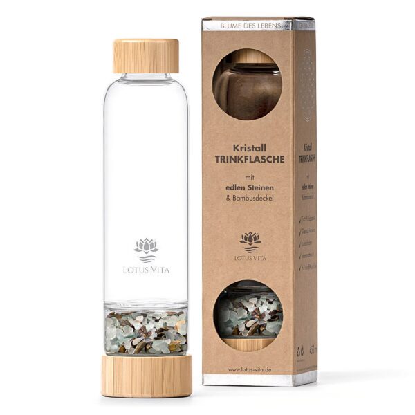 Ein Bild von Glastrinkflasche mit Kristallsteinen - Fluorit Tigerauge, in der Kategorie Teezubehör Tee Geschenk Thermosflaschen und Trinkflaschen Karaffen