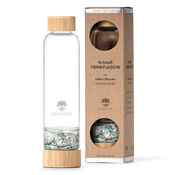 Ein Bild von Glastrinkflasche mit Kristallsteinen - Milchopal Amazonit, in der Kategorie Teezubehör Karaffen Thermosflaschen und Trinkflaschen Tee Geschenk