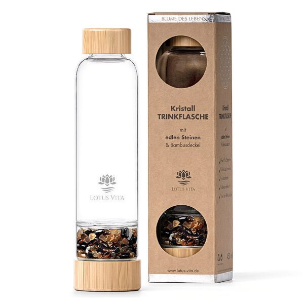 Ein Bild von Glastrinkflasche mit Kristallsteinen - Obsidian Karneol, in der Kategorie Teezubehör Tee Geschenk Karaffen Zubehör Thermosflaschen und Trinkflaschen