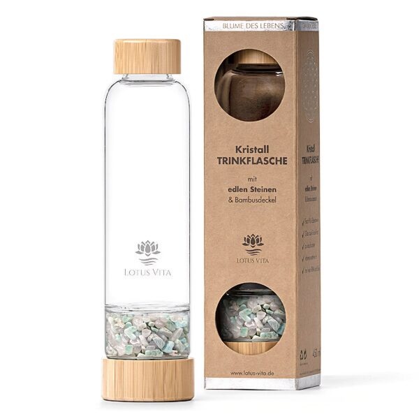 Ein Bild von Glastrinkflasche mit Kristallsteinen - Rosenquarz  Amazonit, in der Kategorie Teezubehör Tee Geschenk Karaffen Thermosflaschen und Trinkflaschen