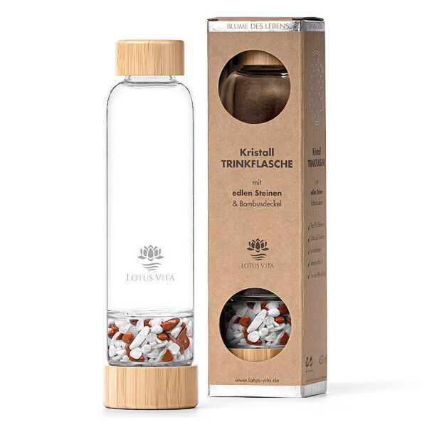 Ein Bild von Glastrinkflasche mit Kristallsteinen - Roter Jaspis  Milchopal, in der Kategorie Teezubehör Tee Geschenk Thermosflaschen und Trinkflaschen