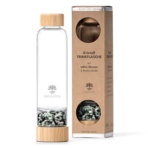 Ein Bild von Glastrinkflasche mit Kristallsteinen - Turmalin  Amazonit, in der Kategorie Teezubehör Tee Geschenk Karaffen Thermosflaschen und Trinkflaschen