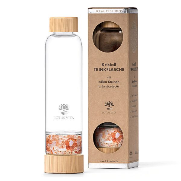 Ein Bild von Glastrinkflasche mit Kristallsteinen - Wassermelonen-Turmalin  Mondstein, in der Kategorie Teezubehör Tee Geschenk Thermosflaschen und Trinkflaschen