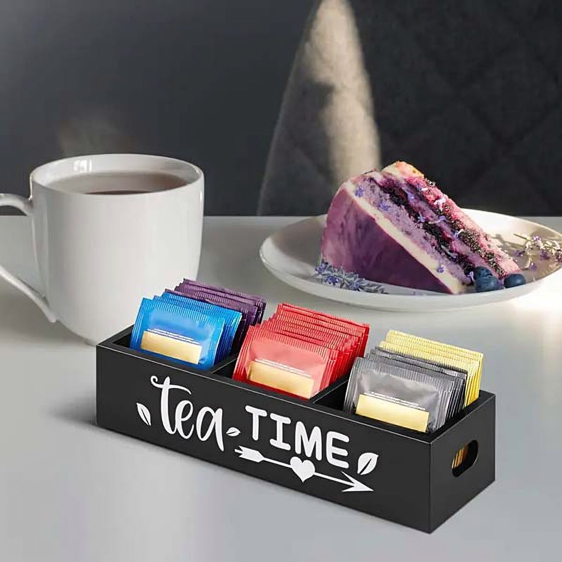 Ein Bild von Tee-Aufbewahrungsbox mit 3 Fächern "Tea Time" | Schwarz, in der Kategorie Teezubehör