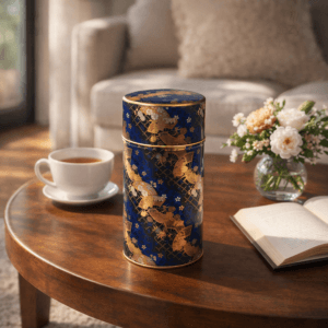 Ein Bild von Dose 200g gold/blau, in der Kategorie Teedosen