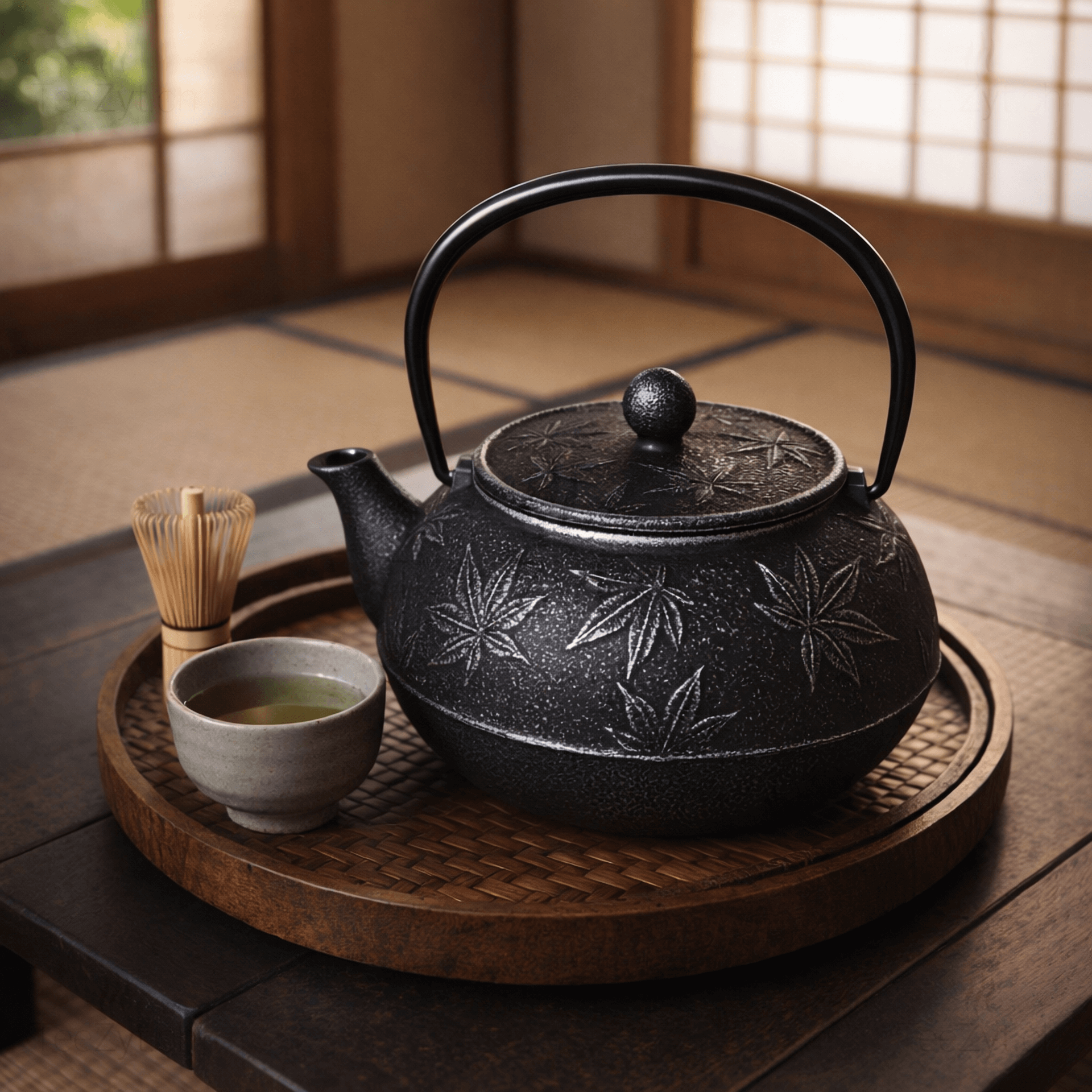 Ein Bild von Eisengusskanne Japan - Hanfblatt - Schwarz / Silber (0.65 l), in der Kategorie Teekannen und Teesets Teekannen mit Sieb Kaufen Teekannen aus Gusseisen kaufen