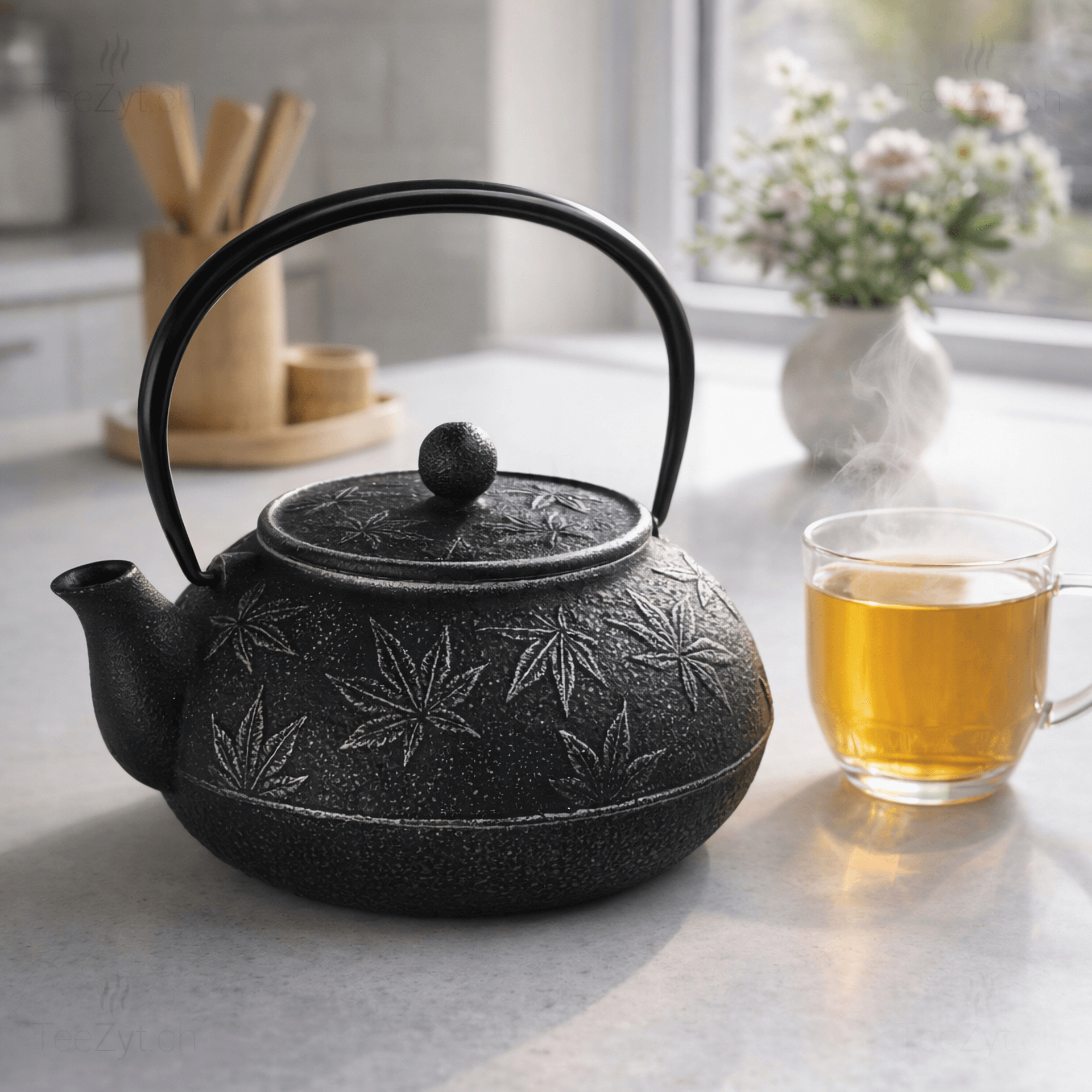 Ein Bild von Eisengusskanne Japan - Hanfblatt - Schwarz / Silber (0.65 l), in der Kategorie Teekannen und Teesets Teekannen mit Sieb Kaufen Teekannen aus Gusseisen kaufen