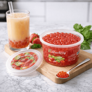Ein Bild von Erdbeer -Fruchtperlen für Bubble Tea - 450g, in der Kategorie Nahrungsmittel Popping Bobas