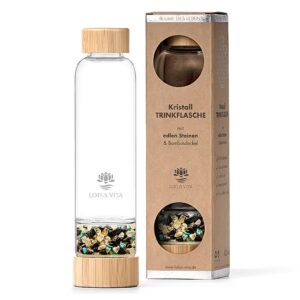 Ein Bild von Glastrinkflasche mit Kristallsteinen - Goldener Beryll  Turmalin  Türkis, in der Kategorie Teezubehör Karaffen Thermosflaschen und Trinkflaschen