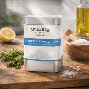 Ein Bild von Kalahari Wüstensalz - grob - Bio - Dose a 170g, in der Kategorie Kräuter und Gewürze Salz