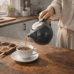Ein Bild von Keramikkanne Saara mit Reactive Glaze - grau, in der Kategorie Teekannen und Teesets Teekannen mit Sieb Kaufen