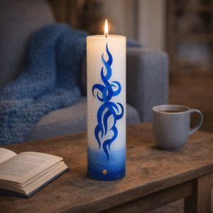 Ein Bild von Kerze mit Tribal Dekor - Blau/Weiss, in der Kategorie Kerzen