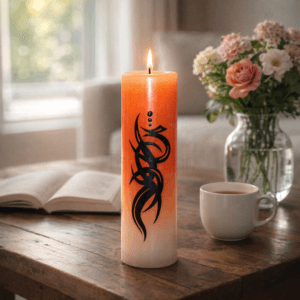 Ein Bild von Kerze mit Tribal Dekor - Orange/Weiss, in der Kategorie Kerzen