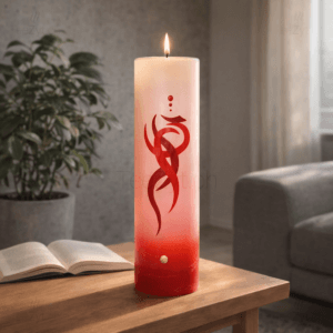 Ein Bild von Kerze mit Tribal Dekor - Rot/Weiss, in der Kategorie Kerzen