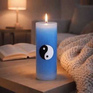 Ein Bild von Kerze mit Ying Yang Symbol blau, in der Kategorie Kerzen