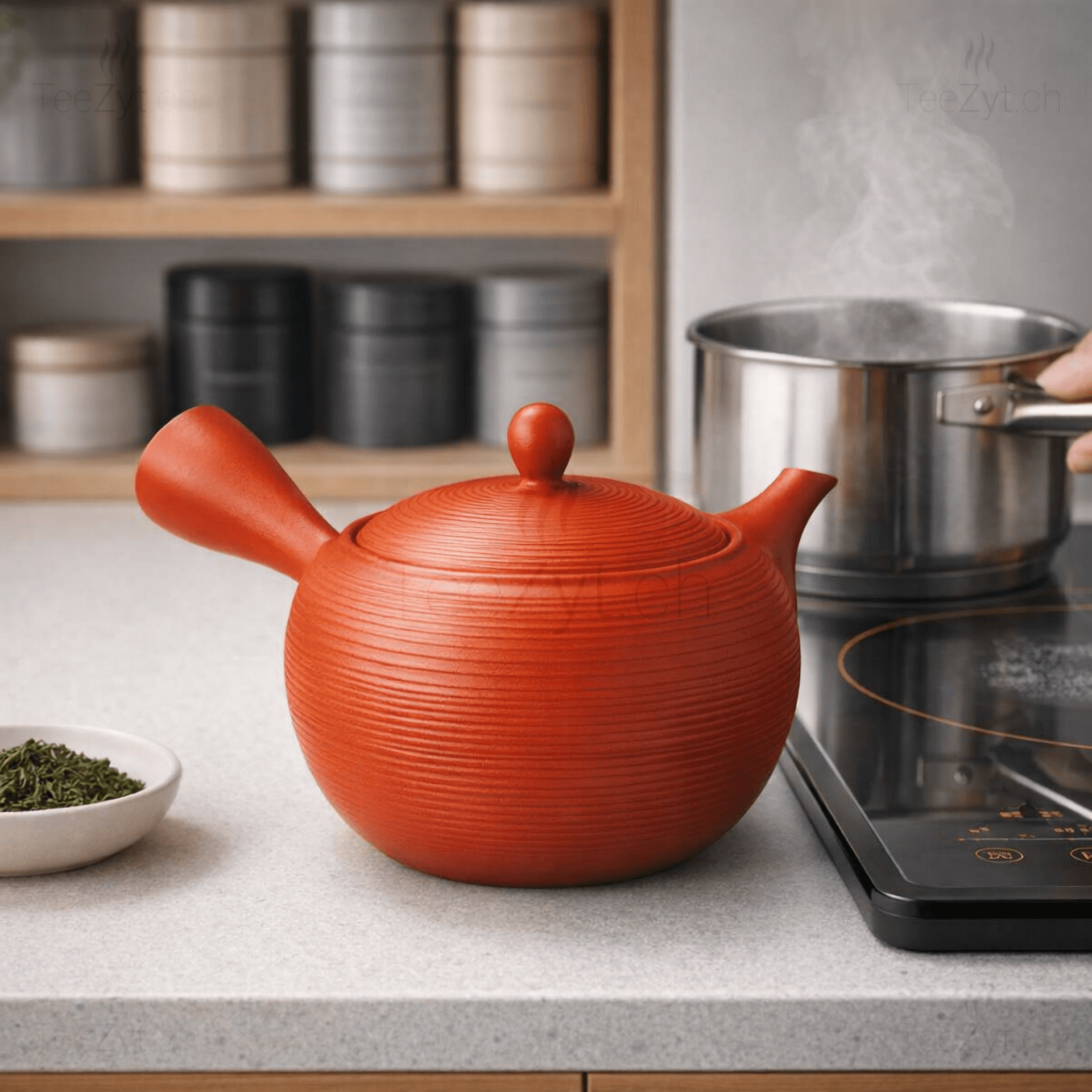 Ein Bild von Kyusu-Kännchen rund rot mit Rillen 350 ml, in der Kategorie Teekannen und Teesets Teekannen mit Sieb Kaufen