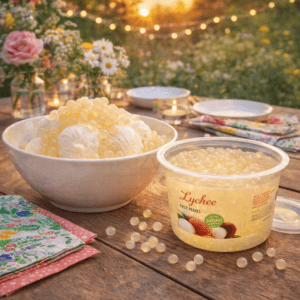 Ein Bild von Litschi-Fruchtperlen für Bubble Tea - 450g, in der Kategorie Nahrungsmittel Popping Bobas