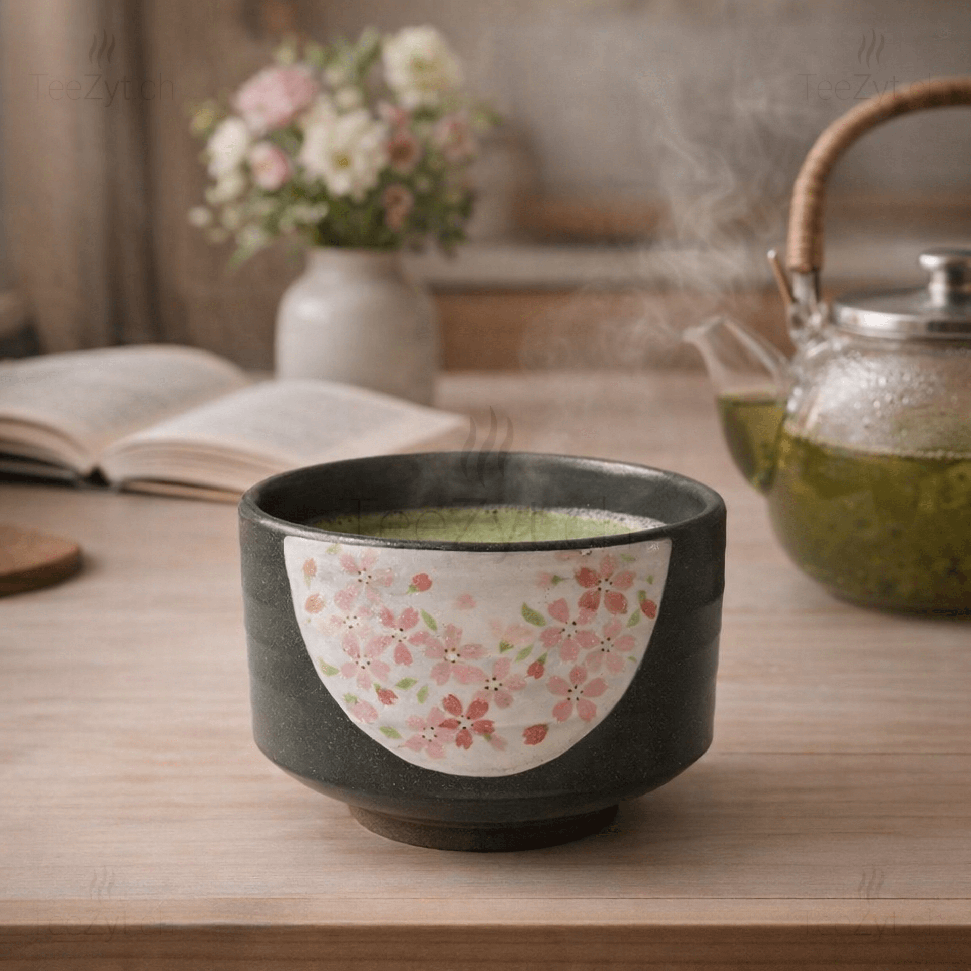 Ein Bild von Matcha Schale - Rosa Blumen, in der Kategorie Teezubehör Matcha Schalen