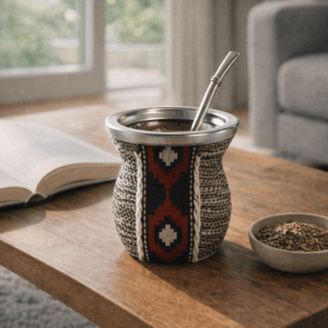 Ein Bild von Mate Trinkgefäss aus Glas - Grau / Rot, in der Kategorie Teezubehör Calabasa (Mate-Becher)
