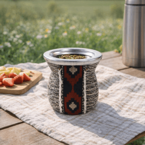 Ein Bild von Mate Trinkgefäss aus Glas - Grau / Rot, in der Kategorie Teezubehör Calabasa (Mate-Becher)