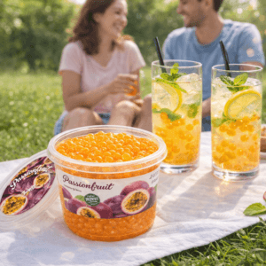 Ein Bild von Passionsfrucht -Fruchtperlen für Bubble Tea - 450g, in der Kategorie Nahrungsmittel Popping Bobas