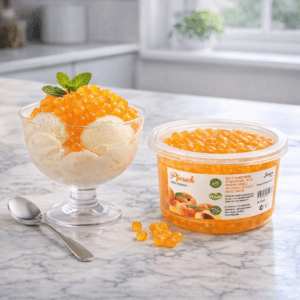 Ein Bild von Pfirsich-Fruchtperlen für Bubble Tea - 450g, in der Kategorie Nahrungsmittel Popping Bobas
