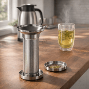 Ein Bild von Universal - Edelstahl - Teefilter für die Isolierkanne mit Abtropfschale, in der Kategorie Teesiebe und Teefilter