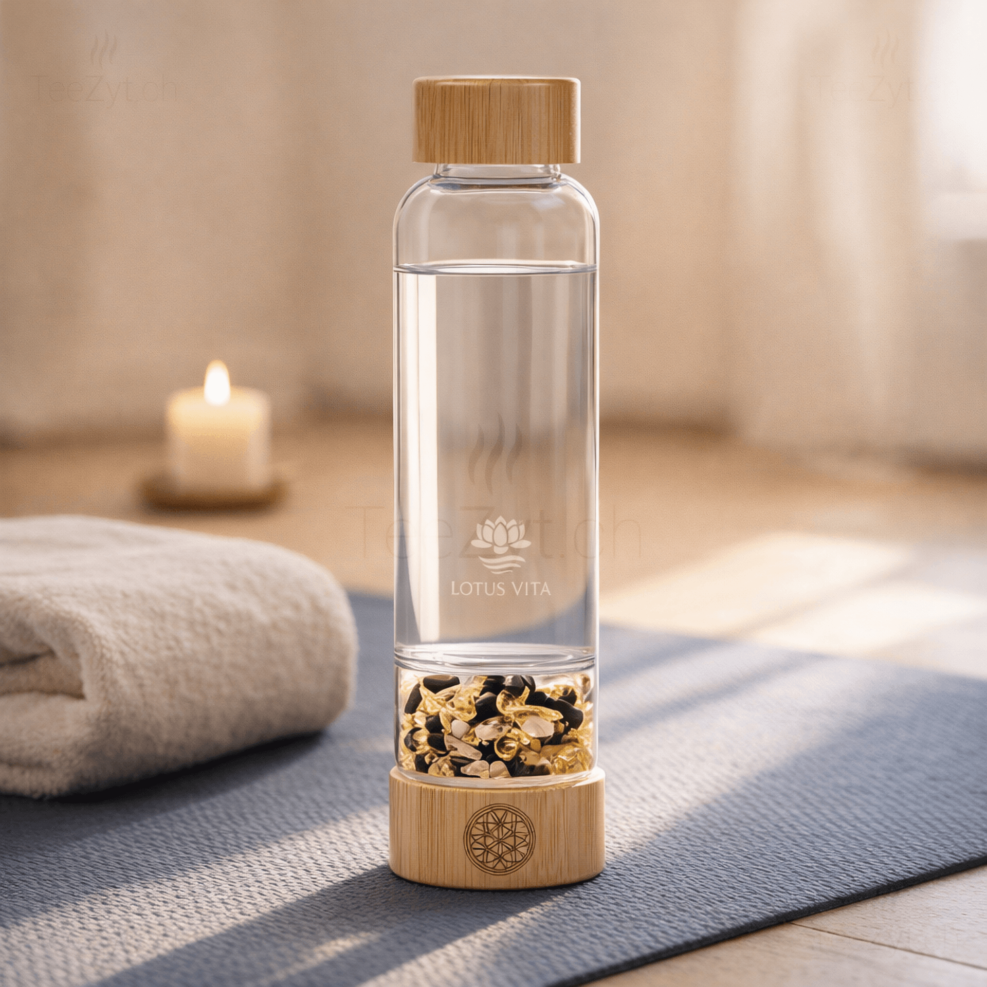 Ein Bild von Glastrinkflasche mit Kristallsteinen - Goldener Beryll Turmalin, in der Kategorie Teezubehör Thermosflaschen und Trinkflaschen