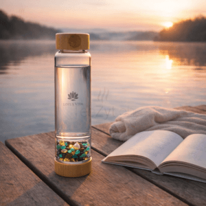 Ein Bild von Glastrinkflasche mit Kristallsteinen - Goldener Beryll Turmalin Türkis, in der Kategorie Teezubehör Karaffen Thermosflaschen und Trinkflaschen