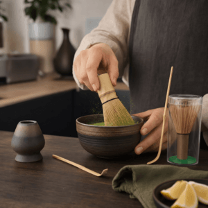 Ein Bild von Matcha Set - Braun Gold, in der Kategorie Teezubehör Matcha Set Matcha Besen Matcha Besenhalter Matcha Löffel Matcha Schalen Matcha Zubehör