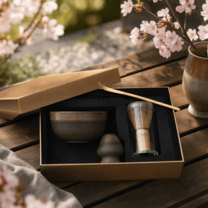 Ein Bild von Matcha Set - Braun Gold, in der Kategorie Teezubehör Matcha Set Matcha Besen Matcha Besenhalter Matcha Löffel Matcha Schalen Matcha Zubehör