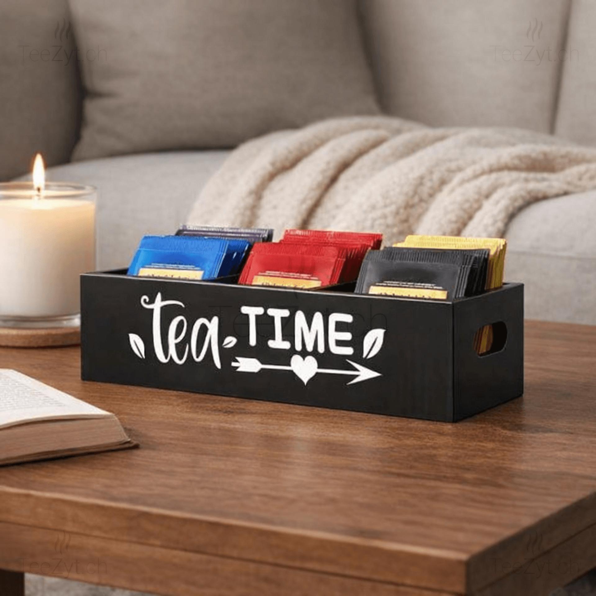 Ein Bild von Tee-Aufbewahrungsbox mit 3 Fächern "Tea Time" | Schwarz, in der Kategorie Teezubehör Teedosen