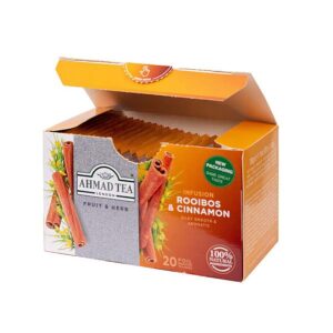 Ein Bild von Ahmad Tea - Rooibos & Cinnamon - 20 Teebeutel à 1.5g, in der Kategorie Früchtetee Afrikanischer Tee Rotbusch und Honeybuschtee Tee im Teebeutel kaufen Tee Koffeinfrei Kräutertee und Gewürztee Tee für den Abend